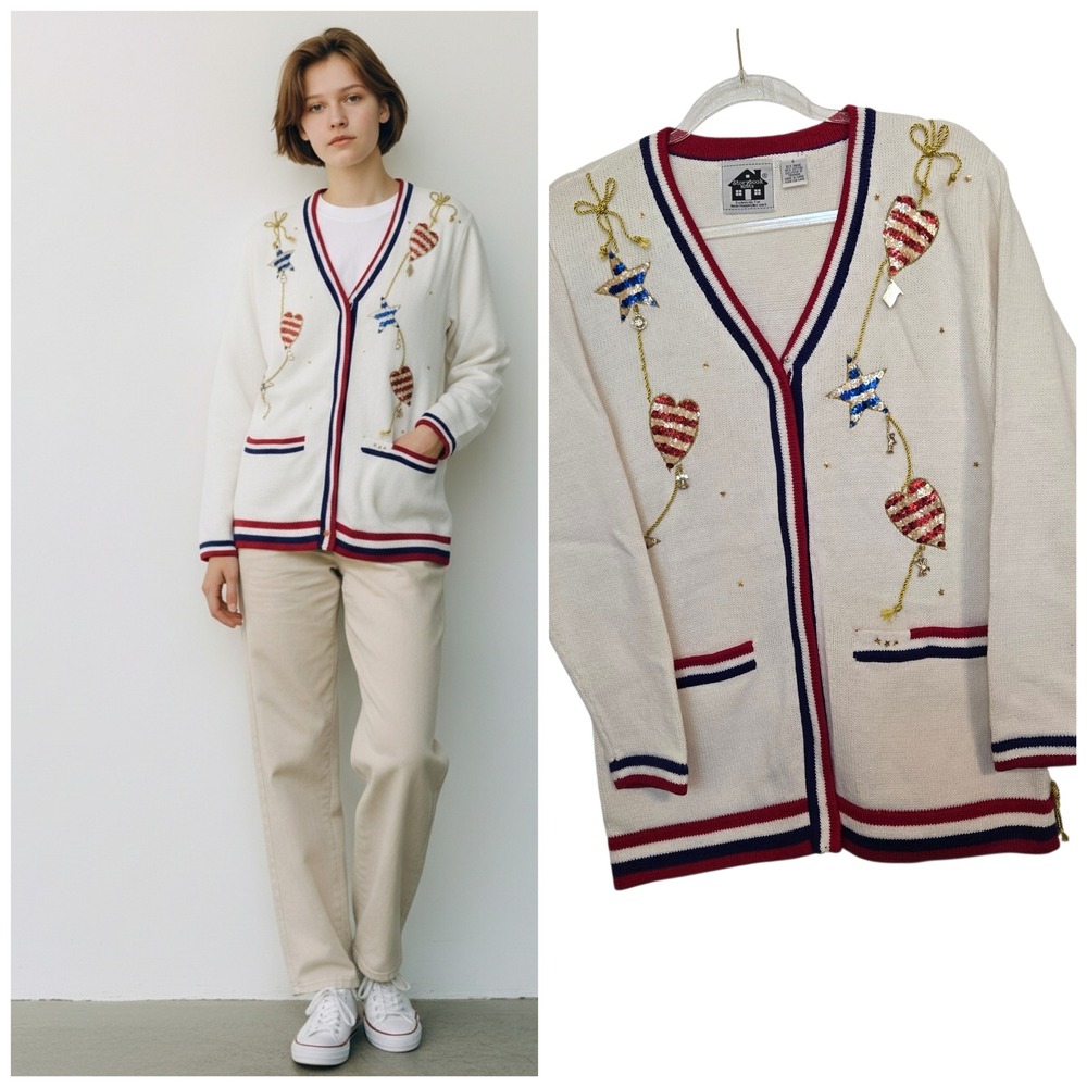 Storybook Knits America The Beautiful Flag Patriotic Sequin Cardigan Womens Sz S